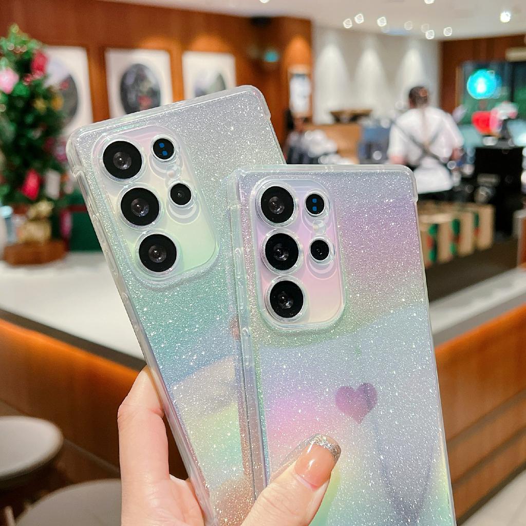For Samsung Galaxy S25 Ultra Case Heart Glitter Gradient TPU Phone Back Cover with Rhinestones Strap