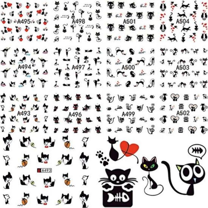 1 Arkusz 12 Rodzaje Woda Przenieś Nails Art Naklejka Kot Wzory Nail Wraps Naklejka