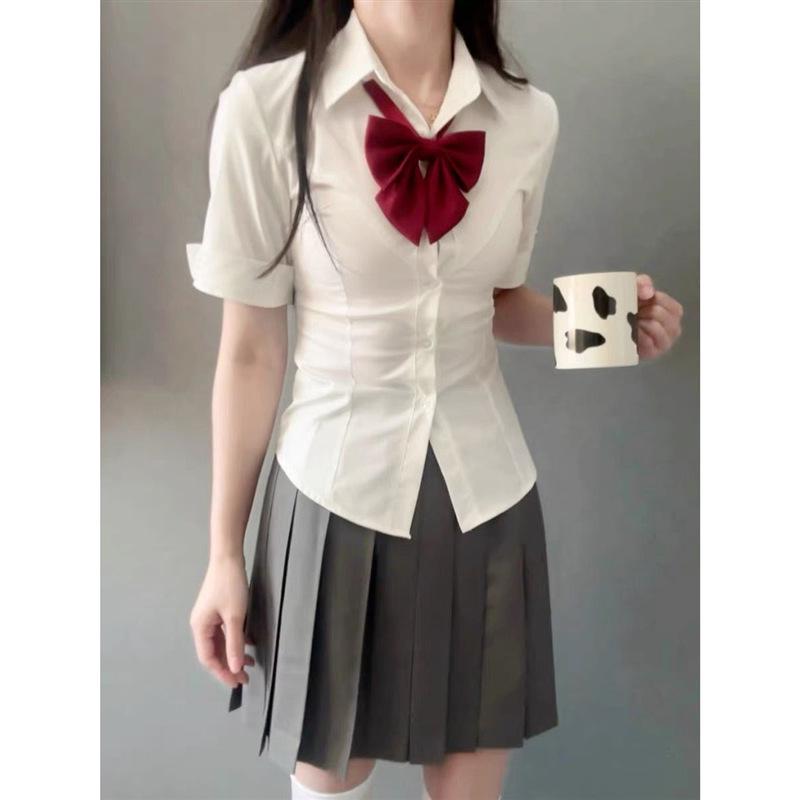 Women's Slim-Fit Waist-Cinching Academic Style White Shirt - Long/Short Sleeves, Ideal for Autumn/Winter