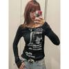 Graffiti list drukuj T koszula kobiety wąskie krótkie bluzki z długim rękawem Y2k estetyczne koszulki Grunge Streetwear koszulki Harajuku