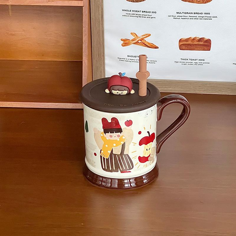 Retro Family Four-mouth Water Cup Cute Couple Ceramic Mug with Lid Home Coffee Cup Girl Birthday Gift