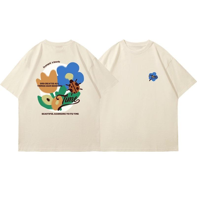 Best Couples Summer Loose Shortsleeved Tshirt For Unisex Korean Abstract Flower Print 2026 New Style White Allcotton Top