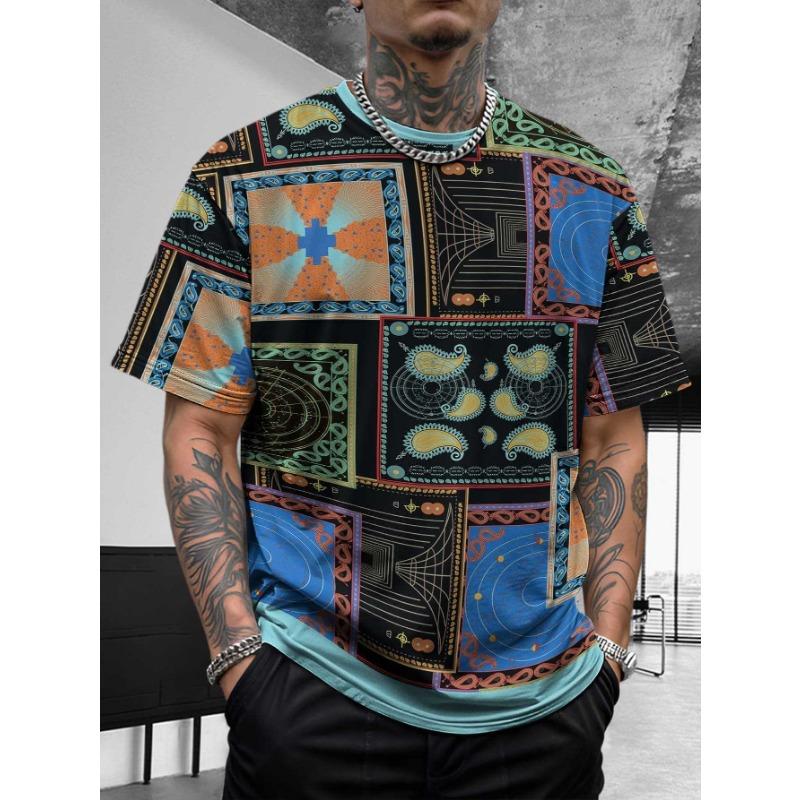 Bohemian Bandana Patterned Short - Sleeve Tops Summer Round Neck 3D Print Fashionable Casual Men's T-shirts