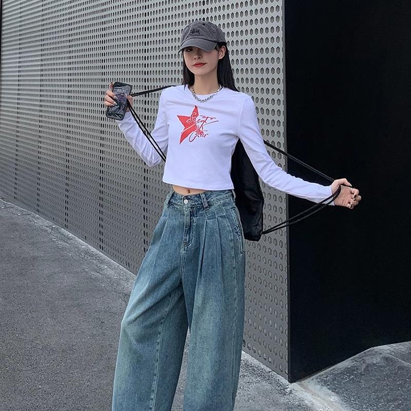 Ladies Autumn Winter Long Sleeve Crew Neck Slim Fit Basic Star Letter Printed Pullover T Shirt Crop Top for Layering