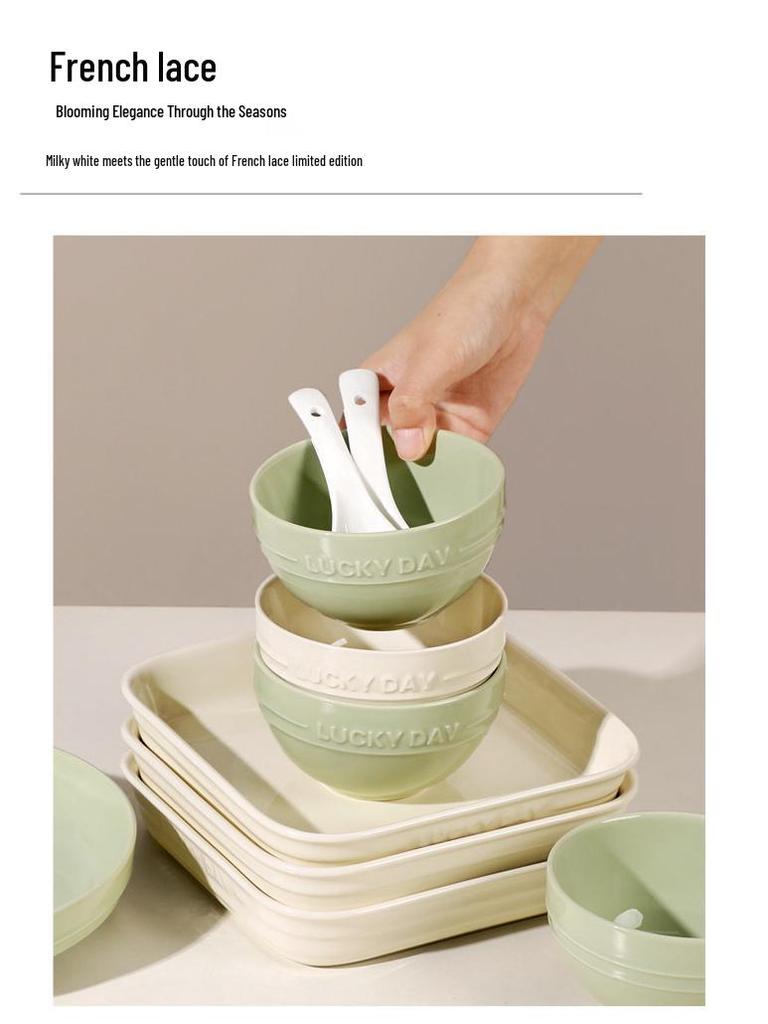 Cream Aesthetic Embossed Ceramic Tableware Set: Rice Bowl, Dish Plate, Fish Plate, Soup Bowl, Noodle Bowl.