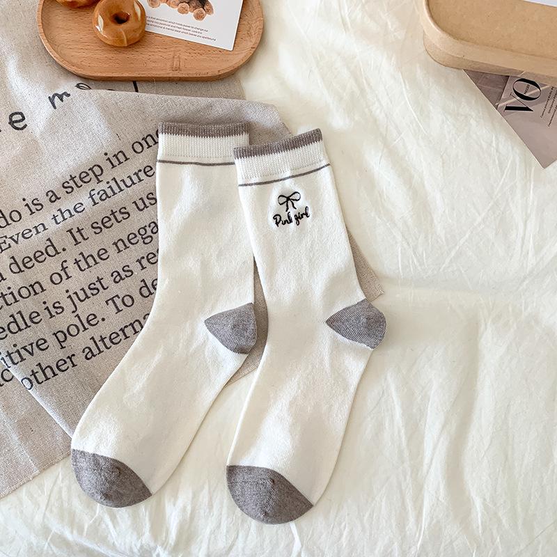 Women's Striped Embroidered Wool Mid-Calf Socks - Soft, Thick, Warm, Japanese Style for Autumn/Winter