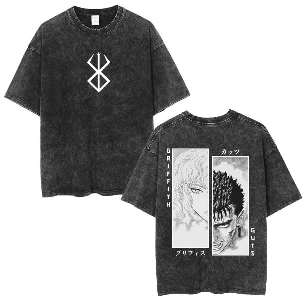 Japanese Anime Berserk Guts Vintage Washed T Shirt Griffith Swordsman Gatsu Sacrifice Zodd T-shirts Unisex Cotton Casual T-Shirt