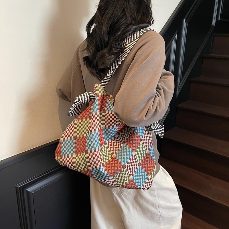 Color Block Tote Bag Women Print Plaid Shoulder Bag