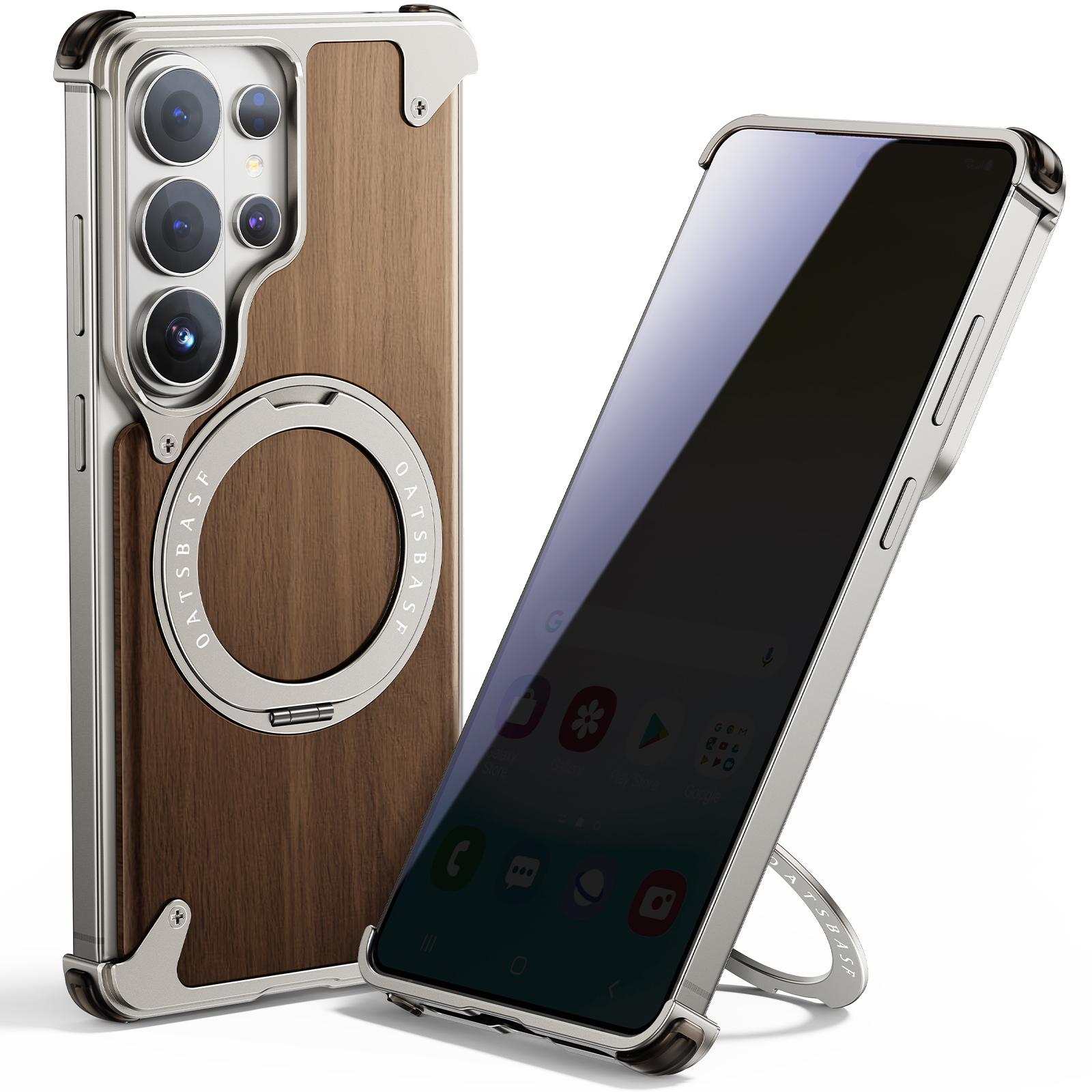 

Чехол-подставка Oatsbasf для Samsung Galaxy S26 Ultra с кольцом-держателем, вращающимся на 360°, противоударный чехол для телефона, задняя крышка из массива дерева Galaxy S26 Ultra