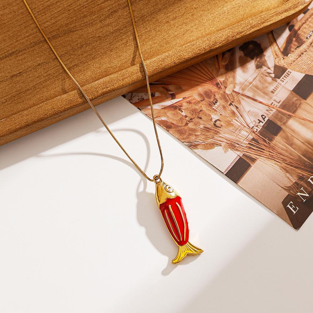 Waterproof Red Enamel Fish Pendant Necklace in Stainless and Titanium Steel with 18K Gold Plating