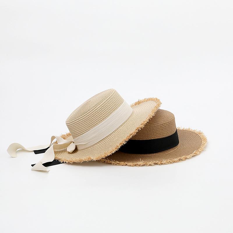 Rough edge straw hat women's summer bow flat top wide brim hat travel beach hat sunshade sun hat