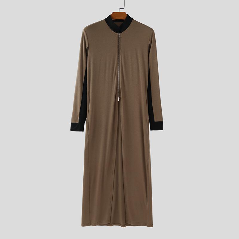 INCERUN Men Stitching Stand Neck Long Sleeve Zip-up High Splits Long Cardigan Coats