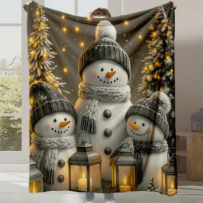 1pc Cozy Snowman Family Plush Fleece Blanket - Thick Warm Winter Bedspread with Snowmen, Lanterns & Snowflakes, Soft All-Season
