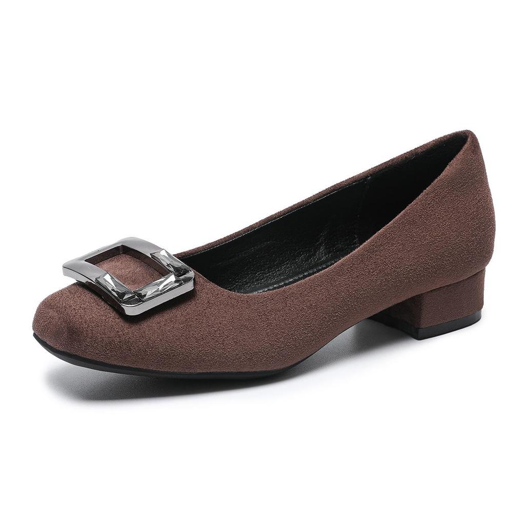 2026 Spring/Summer Suede Chunky Heel Pumps with Square Toe & Rhinestone Buckle