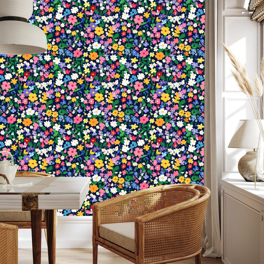 Wallpaper Small Flowers Blue and Navy Blue for Living Room and Bedroom 50x1000