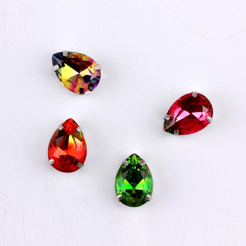 Silberne Klaue Tropfenförmiger Turmalin Diamant Farbverlauf Edelstein für DIY Schmuck, Schuhe, Taschen - 10x14mm Kristallstein.