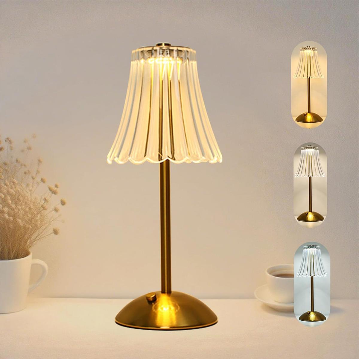 

3 Colors LED Table Lamp Touch Control Dimmable Rechargeable Cordless Golden Crystal Bedside Night Light Desk Fixture Luxury Home