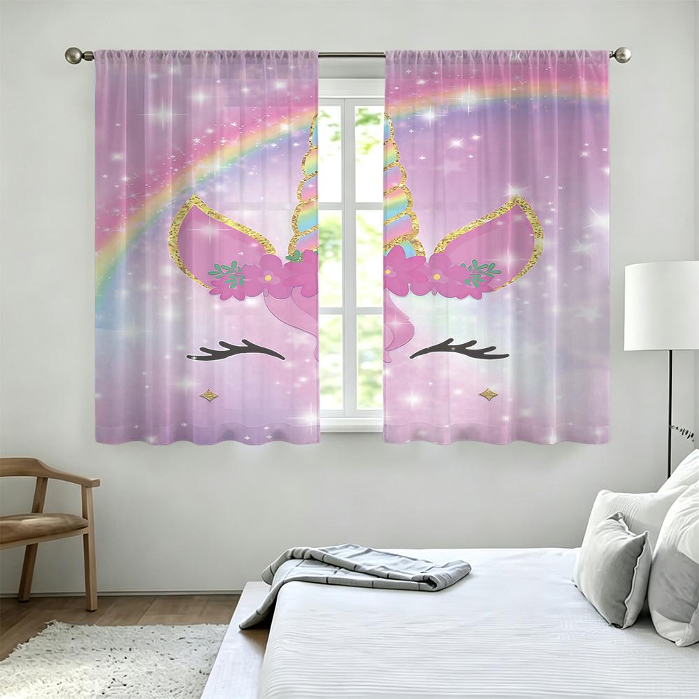 2Pcs Rainbow Glitter Floral Unicorn Rod Pocket Curtains Light Blocking Privacy Window Drapes For Living Room Bedroom Cute Fan