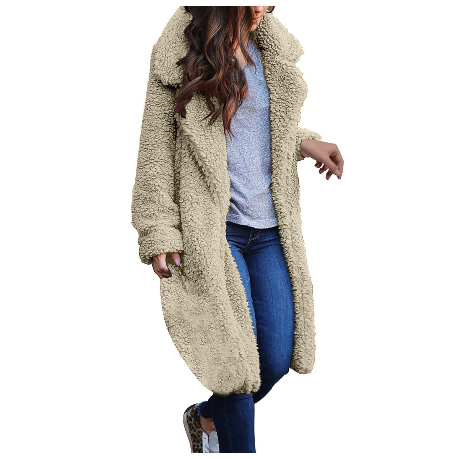 

Женское теплое пальто из искусственной шерсти, куртка с лацканами, зимняя верхняя одежда XXL бежевый