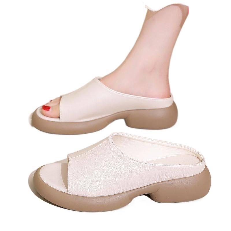 Original högkvalitativt läder mjuk sula halkfri enords tofflor dam 2025 sommar nya tjocksulade stora storlekar halvtofflor sandaler