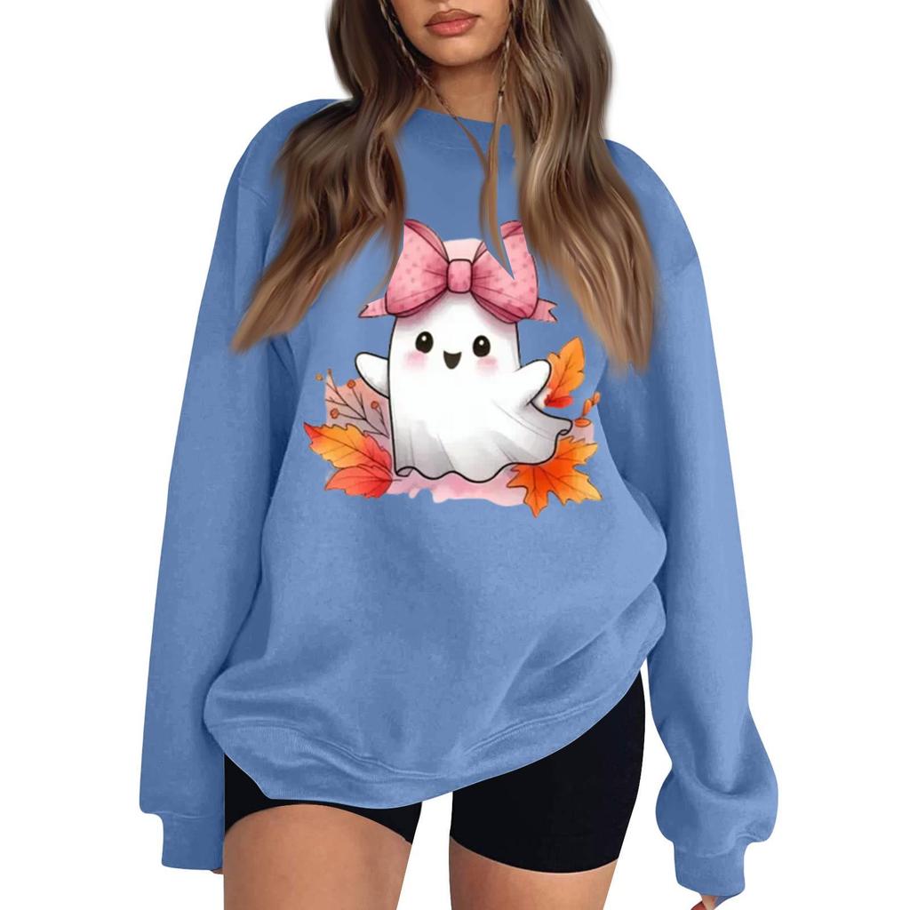 Women's Comfortable Round Neck Long Sleeve Sweatshirt Loose Fit Casual with Color and Halloween Print