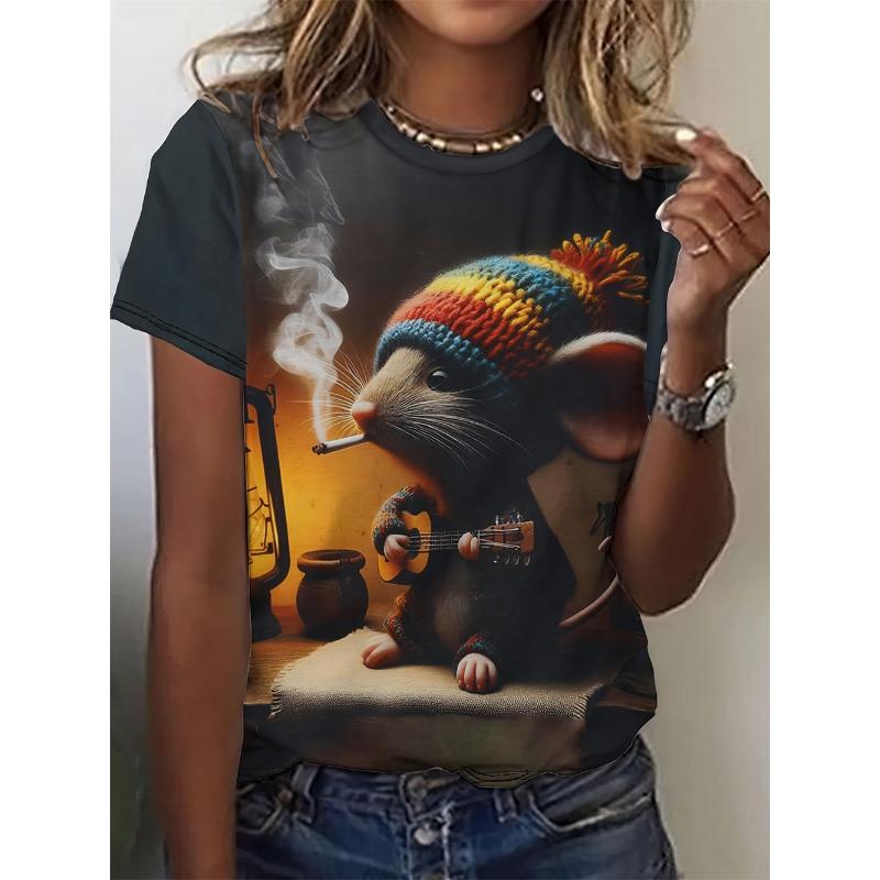 2025 Damen T-Shirt Mäuse 3D Druck Cartoon Tier Rundhals T-Shirt Für Damen Mode Kurzarm Lässiges T-Shirt Damenbekleidung