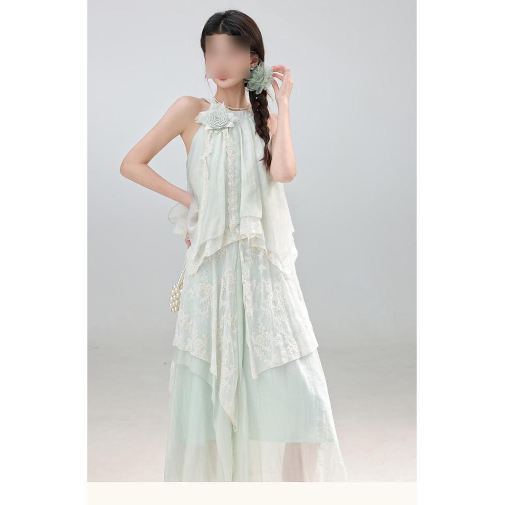 Super Fairy Vacation Wind Off-the-shoulder Neck Dress Summer Lace Splicing Irregular Lace Long Dress Women