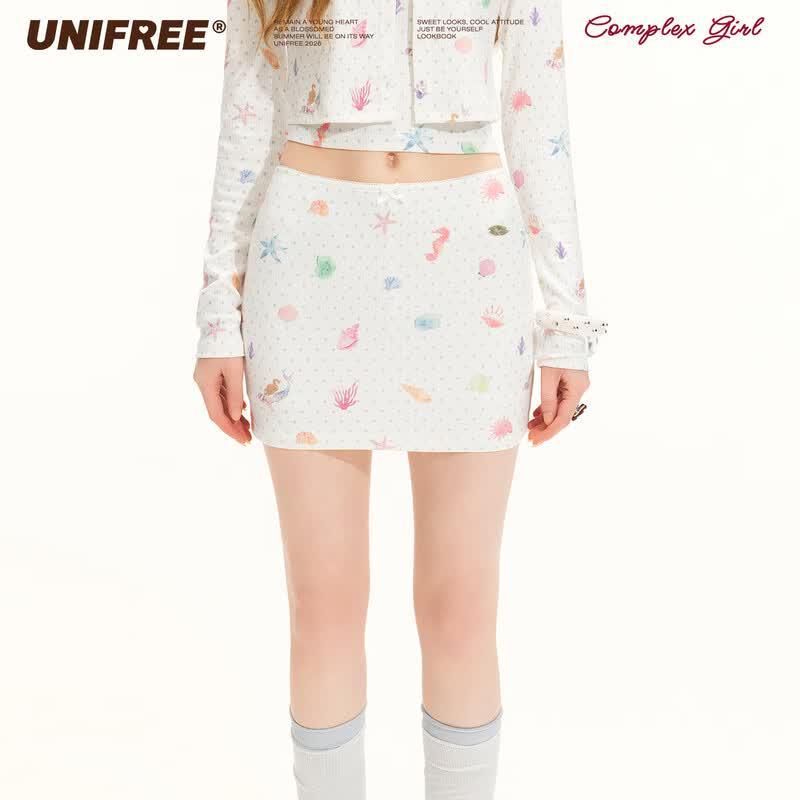 UNIFREE Sweet & Cool Ocean Print A-Line Mini Skirt M