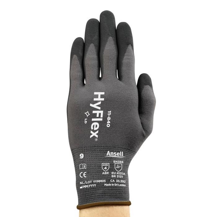 ANSELL HYFLEX 11-840 Gants De Travail Professionnels En Nitrile Résistant À L'abrasion - Lot De 5 - Noir - Taille 11