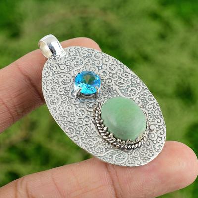 Natural Chrysoprase Swiss Blue Topaz Anniversary Wedding New Pendant 925 Silver