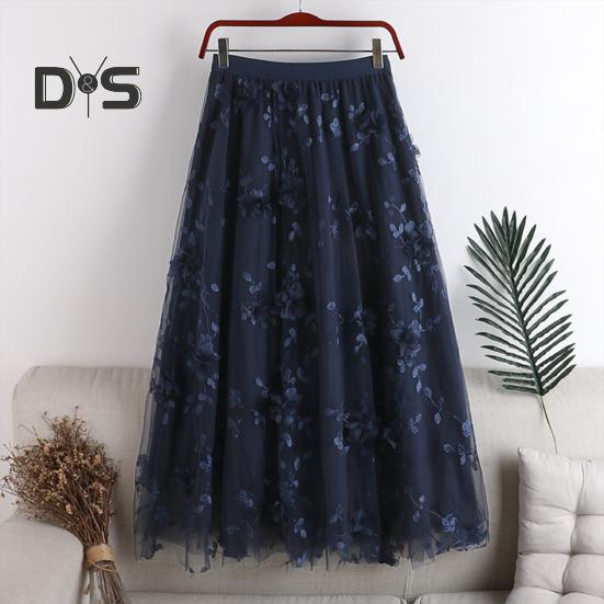 Women Midi Skirt Elastic High Waist Floral Embroidery Print Mesh Skirt Double Layered Tulle Large Hem A-Line Skirt