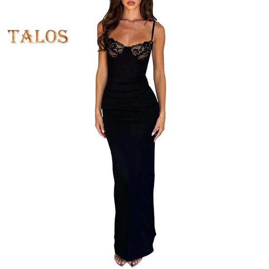 

Женское облегающее платье макси на бретельках с кружевом и без рукавов, длинное платье с разрезом, сексуальное вечернее платье с глубоким вырезом для коктейльных вечеринок и ночных клубов S чёрный