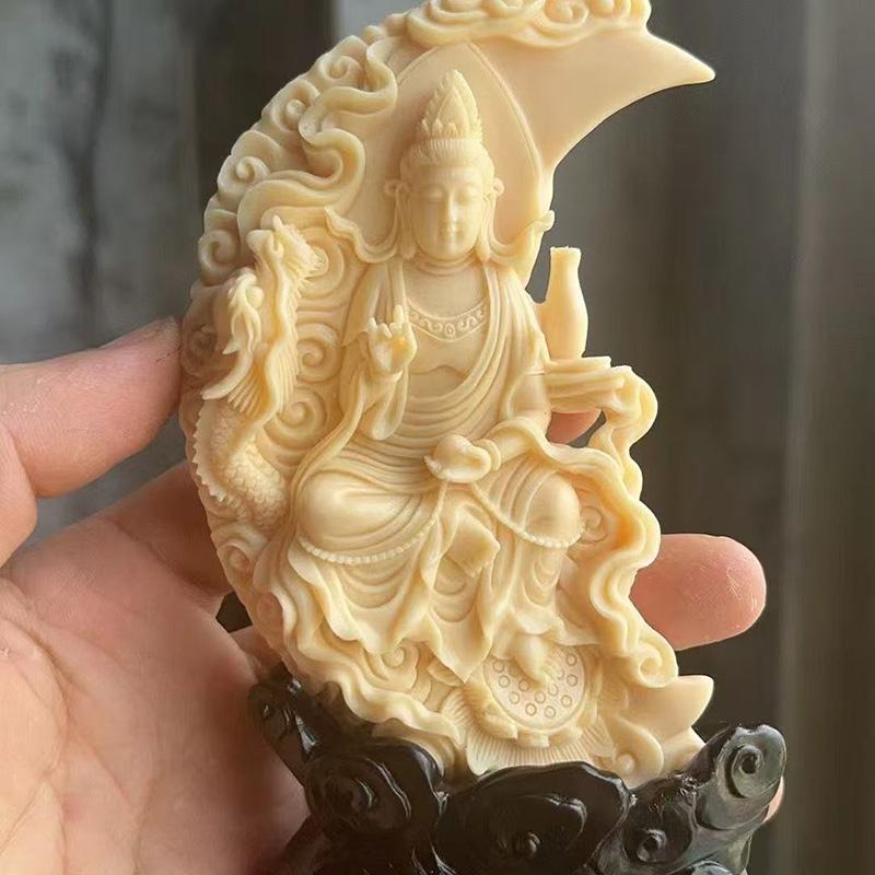 Mondsichel Drache Guanyin Skulpturen und Figuren handgeschnitzte Buddha-Figuren Heim Zimmer Büro Reichtum Glück Feng Shui Dekor