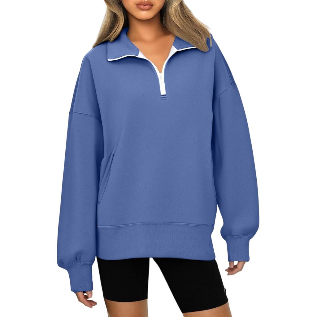 Fashionable Ladies Zipper Lapel Solid Color Pocket Casual Sweatshirt