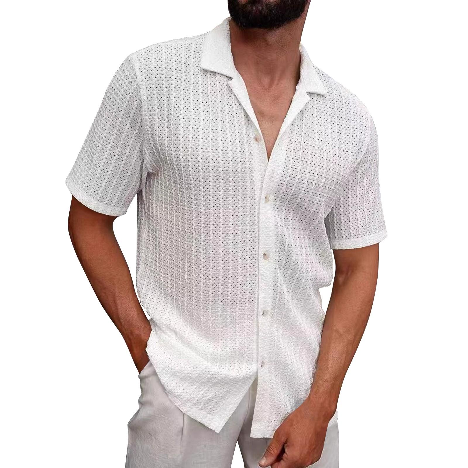 

Мужская летняя однотонная трикотажная рубашка с лацканами, с полым дышащим узором и пуговицами, с короткими рукавами M белый