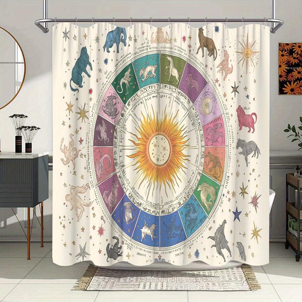 Zodiac Astrology Shower Curtain - Watercolor Sun & Signs, Vintage Woven Landscapes, Water-Resistant Polyester,  Line Dry