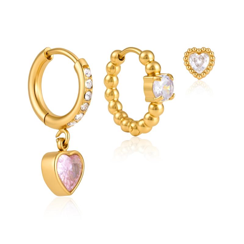 Women Heart Zircon Earrings 3 Pcs Set Minimalist Gold PVD Plated Waterproof Jewelry Ideal for Birthday Gift