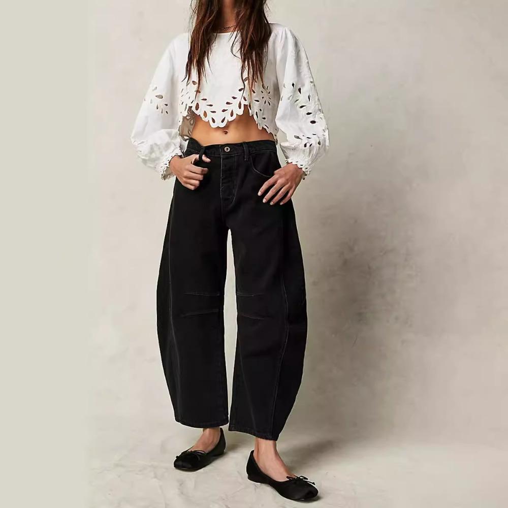 Jeans larghi a vita media-bassa da donna, vestibilità rilassata, casual, con cuciture sul ginocchio, lavaggio vintage, pantaloni lunghi in denim, streetwear quotidiano, autunno, pantaloni larghi in denim