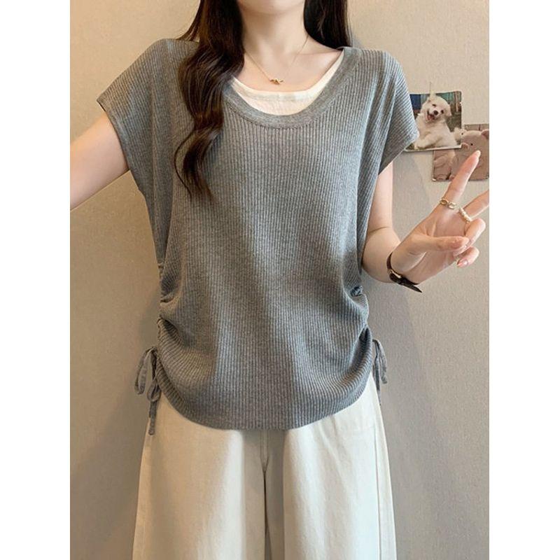Design Sense Fake Two-Piece Drawstring Knitted Short sleeve T-shirt Flying Sleeves Top Women Summer Chubby Large Size Ice Silk Bottoming Shirt