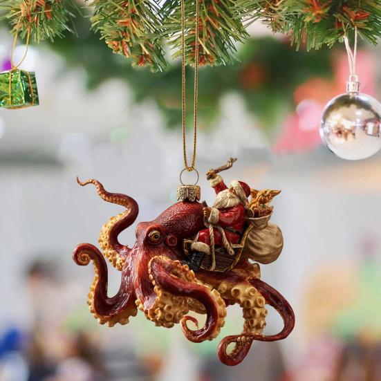 Christmas Octopus Ornament Coastal Holiday Hanging Decoration 2D Acrylic Deep Sea Xmas Tree Ornament Nautical Gift for Ocean Lovers