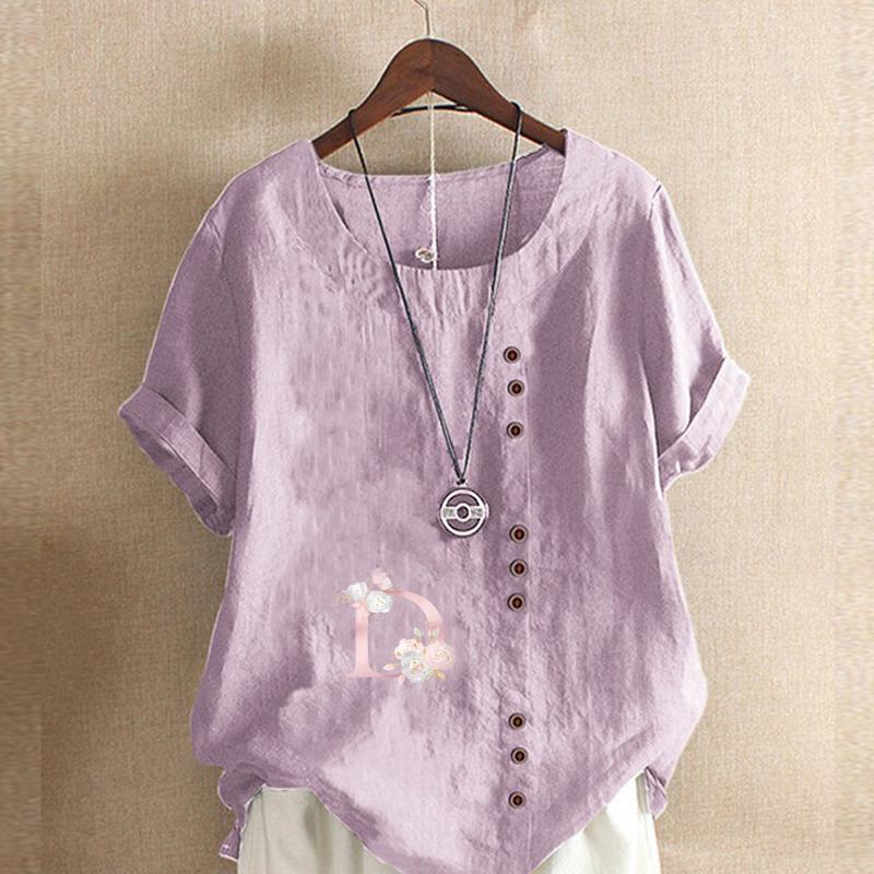 Women's Fashion Round Neck Short Sleeve T-shirt Casual Cotton Linen Graphic Shirt Leisure Loose Letter D Prined Summer Blouse Tops