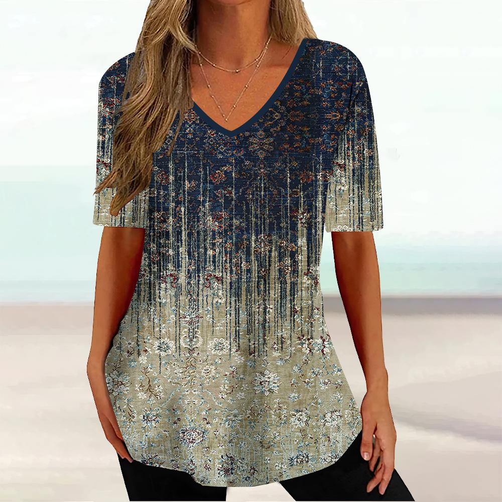 Harajuku Wind Ladies V-neck T-shirt Summer Outdoor Casual Short Sleeve Tops Retro Street Flower Print OverSize Women's Clothing