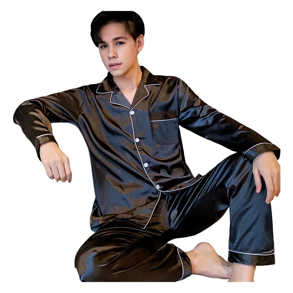2 stk/sett Herre Sommer Pyjamassett Revers Langermet Skjorte Elastisk Midje Lommer Vide Ben Bukser Sett Ensfarget Enkeltspent Slee