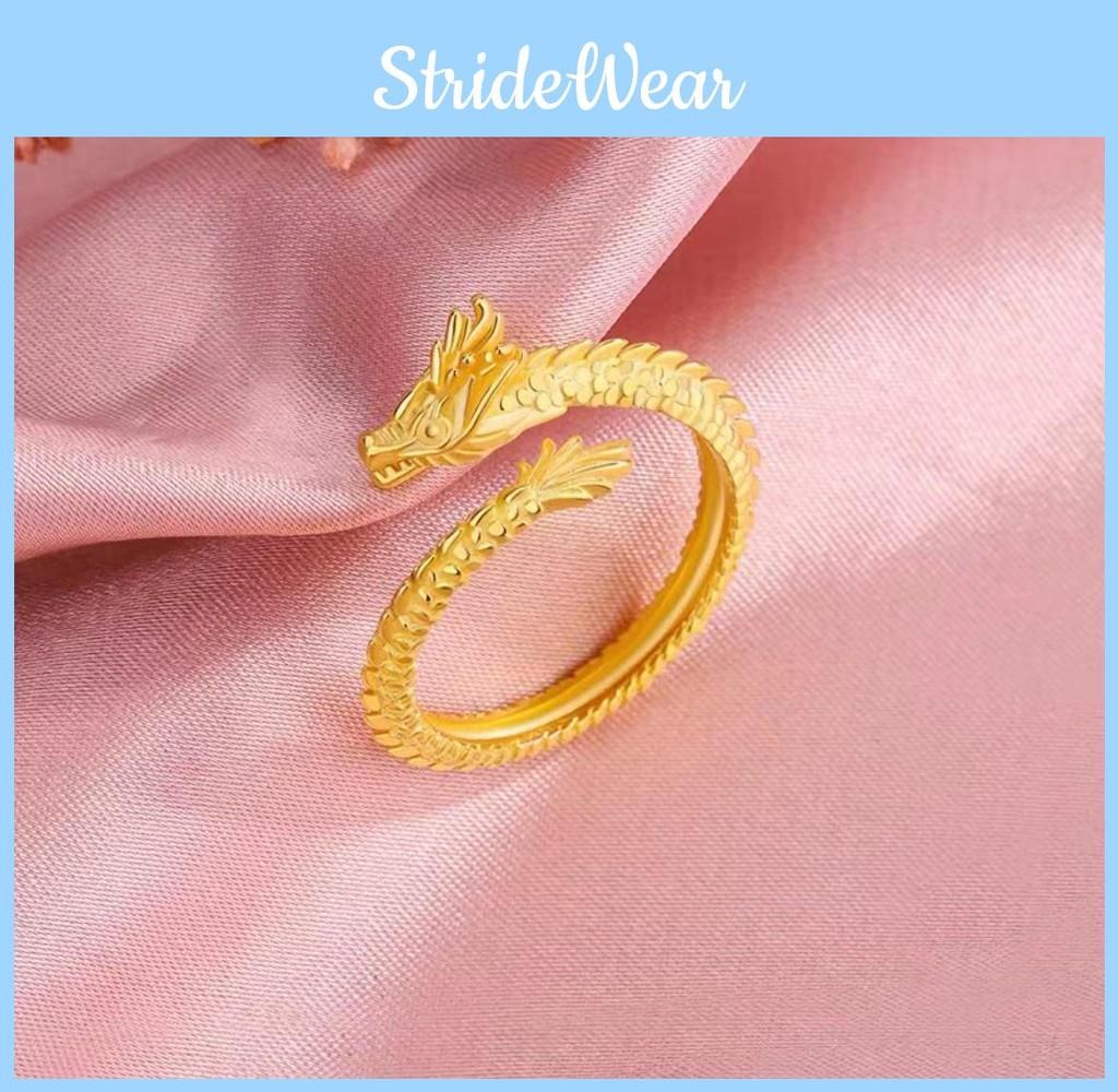 Elegant Plated Gold Dragon And Phoenix Open Ring For Couples In Stylish Design