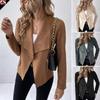 Women's Faux Suede Asymmetrical Lapel Short Jacket with Zip Detail in Brown, Beige, Dark Green & Black