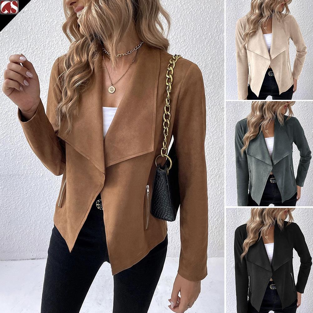 Women's Faux Suede Asymmetrical Lapel Short Jacket with Zip Detail in Brown, Beige, Dark Green & Black