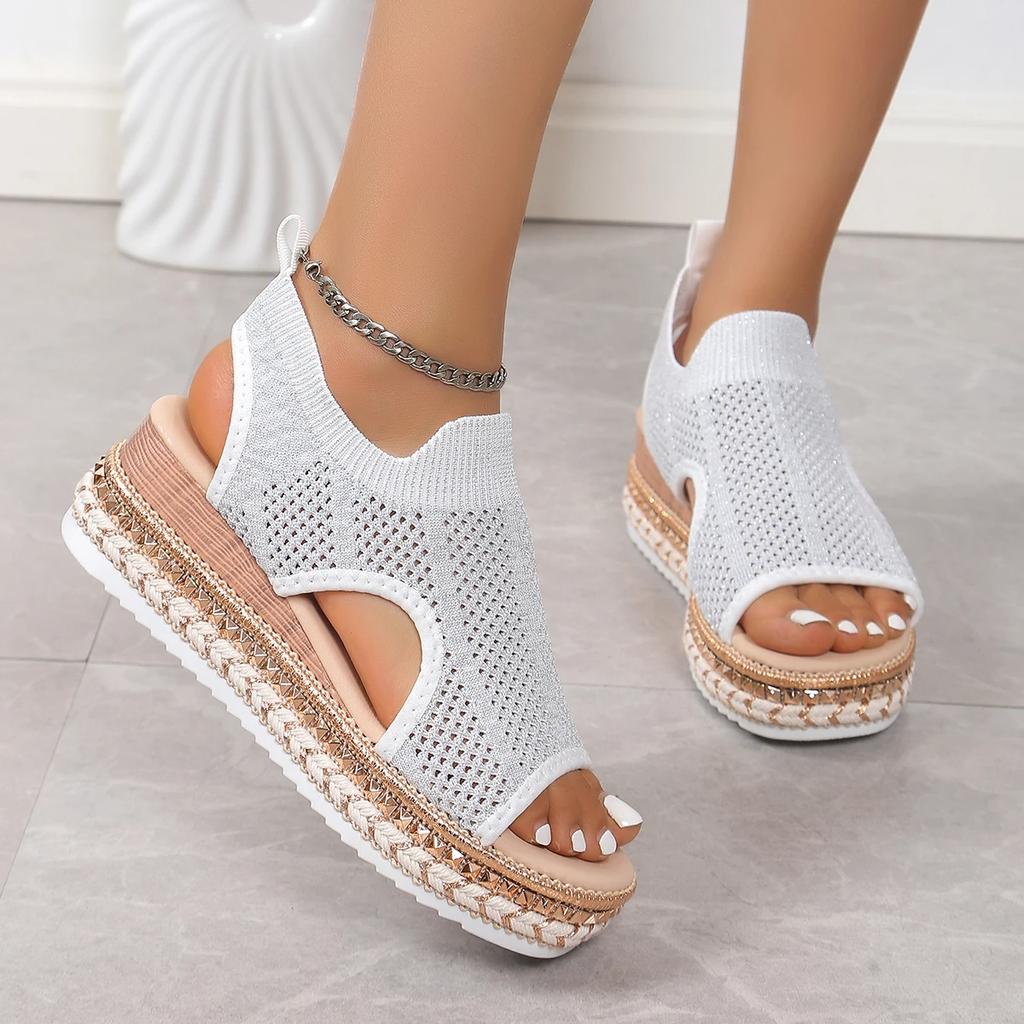 Women Wedges Sandals New Summer Plus Size Comfortable Shoes for Women Knit Elastic Slip On Lightweight Walking Sandals Women