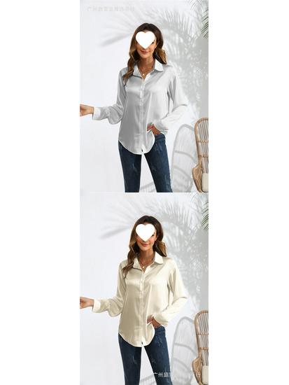 European & American Women's Long Sleeve Satin-Cotton Shirt - Solid Color, Spring & Autumn Bestseller