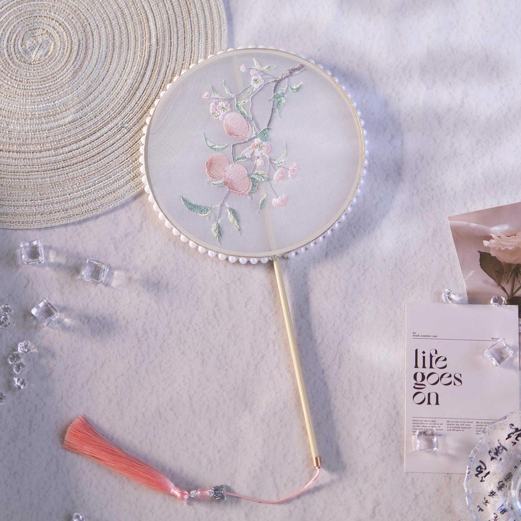 Ancient-Style Embroidery Round Fan with Tassel for Hanfu and Horse Face Skirt Photography Props