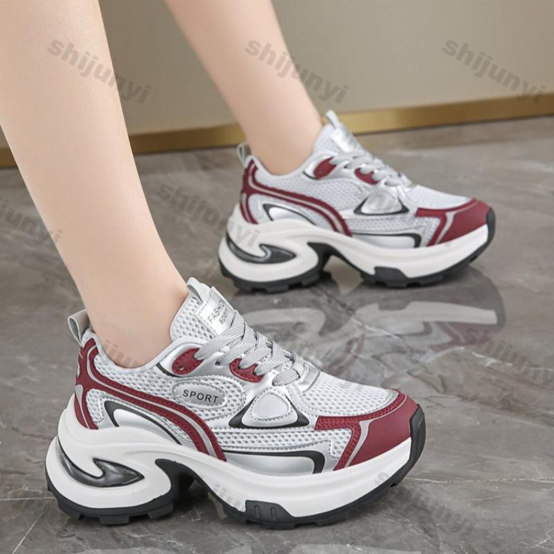 Women Breathable Mesh Chunky Platform Sneakers  Spring Leisure Comfort Thick Bottom Shoes Ladies Lace Up Sliver Casual Shoes
